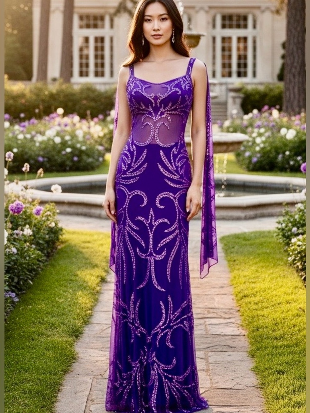 Elegant Purple hand‎ Beaded Evening Gown w/Sheer Accents power mesh stretch WOW
